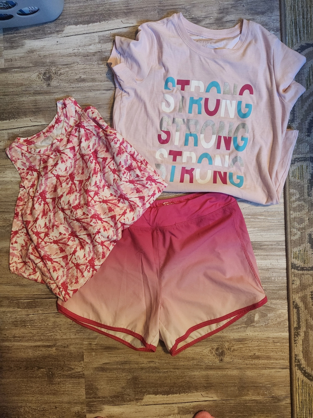 3 Piece-Girls Pink 'Strong' Graphic Tee + Pink Ombre Shorts + Pink Pattern Tank